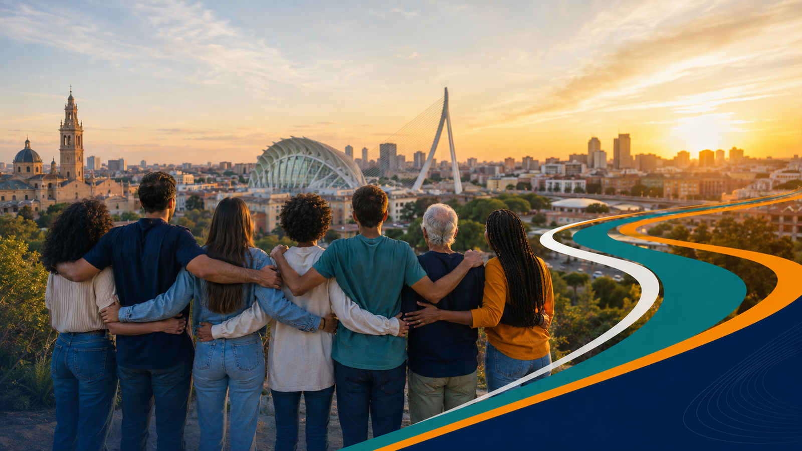 Grupo de personas colaborando y mirando juntas el horizonte
