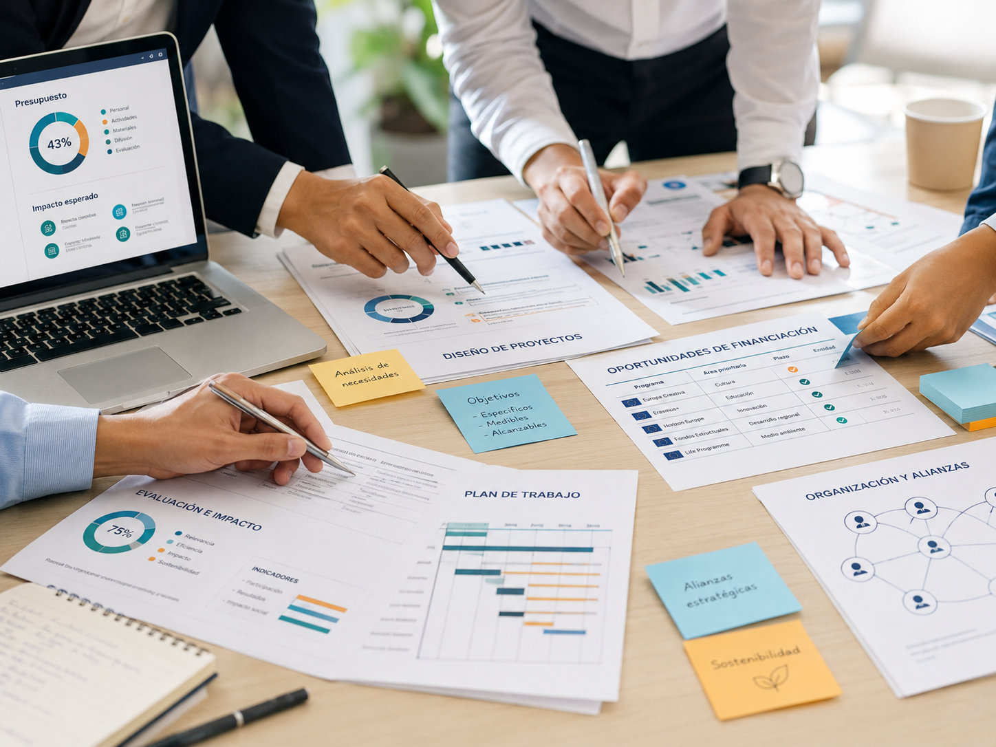 Mesa de trabajo con documentos, gráficos y un equipo planificando un proyecto